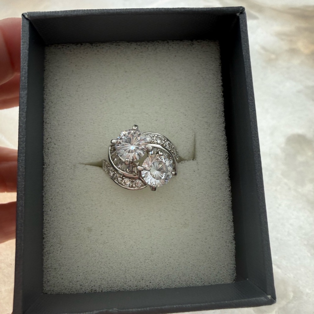 Platinum Dual Lab diamonds Swirl Ring — Pavel Silver lab diamond Accents size 6 - Picture 5 of 5